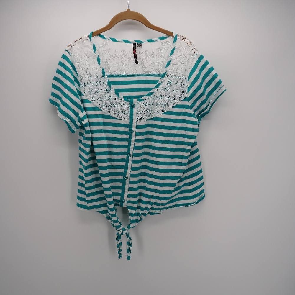 Extra Touch Lace Button Up Tie Front Top Blouse